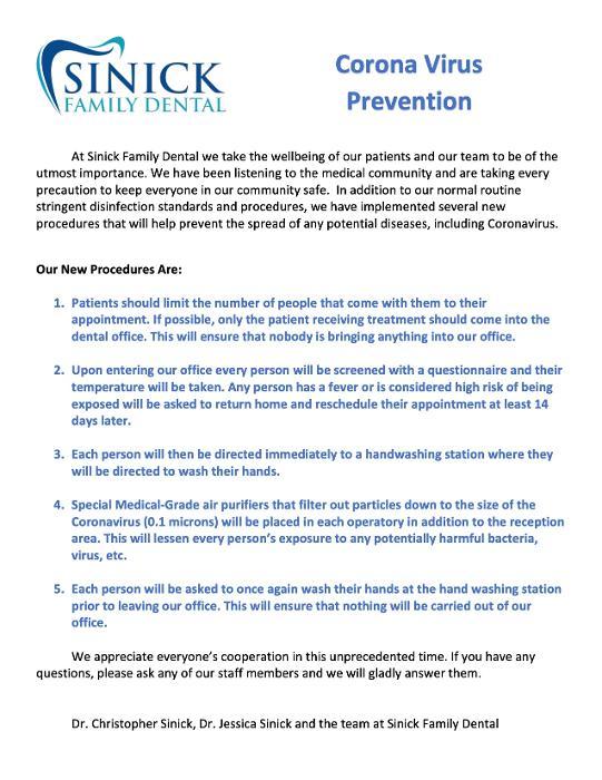 Sinick Family Dental Coronavirus Precautions