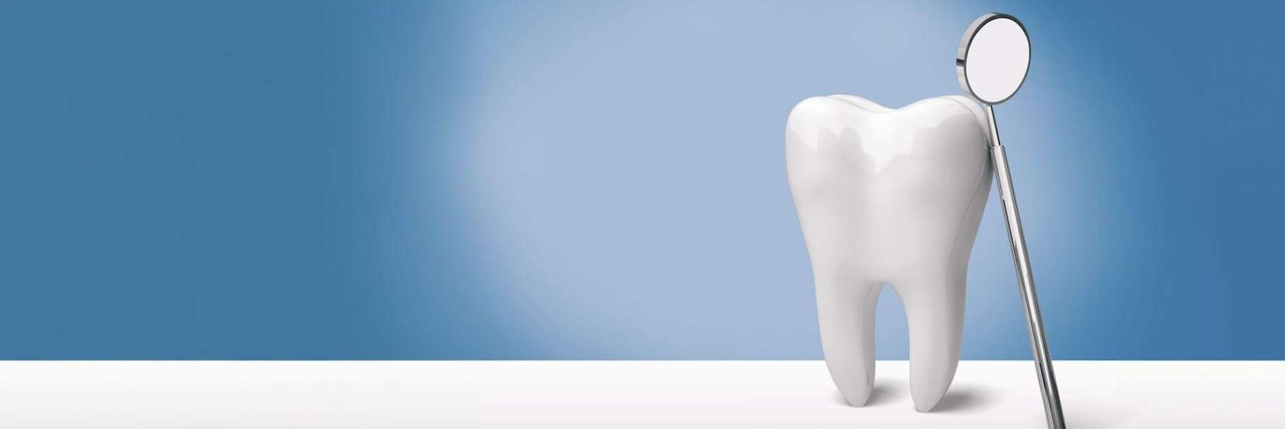 Tooth with dental mirror symbolizing root canal care.